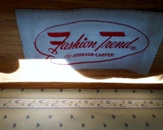 Johnson Carper Fashion Trend 1950's Mid century modern blonde bedroom set includes double bed headboard, tall dresser and dresser w/ mirror