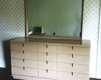 Johnson Carper Fashion Trend 1950's Mid century modern blonde bedroom set includes double bed headboard, tall dresser and dresser w/ mirror