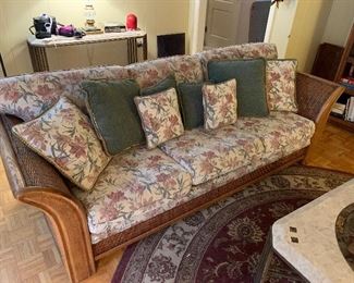 #31 - $150 - Rattan and Upholstery Sofa - 87"W x 34.5"D x 17"H (to seat) x 32"H (to back of chair)