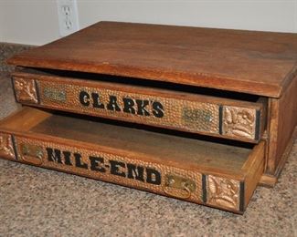 ANTIQUE CLARK'S AND MILE-END TWO DRAWER COUNTER STORE DISPLAY, 21.5"W X 14"D X 7"H. OUR PRICE $450.00