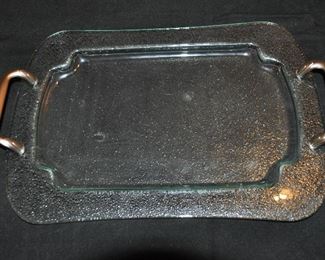 GLASS SERVING TRAY WITH METAL HANDLES, 18"W X 11.5"H.  OUR PRICE IS 20.00.