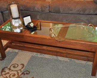 SMALL WOODEN AND MIRRORED TOP RECTANGLE COFFEE TABLE, 45"W X 15"D X 16"H.  OUR PRICE IS $125.00
