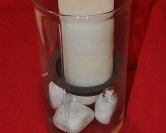 10" HURRICANE CANDLE WITH DECORATIVE ROCKS.  OUR PRICE IS $40.00