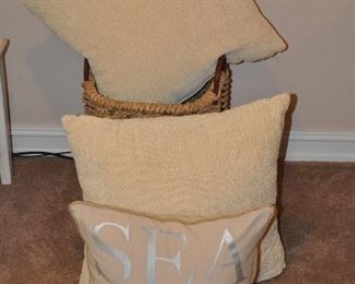 A PAIR OF 22.5" CREAM COLORED CHENILLE PILLOWS.  OUR PRICE $40 FOR THE PAIR.  SHOWN WITH AN 18" DEVI DESIGNS PILLOW "SEA SUN SAND".  OUR PRICE $20.00.