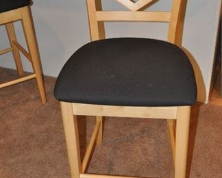 LIGHT MAPLE BAR STOOL WITH UPHOLSTERED BLACK SEAT, 18"W X 20"D X 43"H.  SEAT HEIGHT IS 26".  THERE ARE TWO AVAILABLE.  OUR PRICE IS $100 FOR THE PAIR.