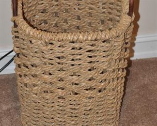 LARGE WOVEN BASKET WITH WOODEN HANDLES.  15"W X 21"H.  OUR PRICE $35.00.