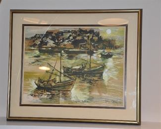 DOUBLE MATTED AND FRAMED LITHOGRAPH BY JONAS GERARD, SIGNED AND NUMBERED 32/120 "TANGIER HARBOR", 20.5" X 25".  OUR PRICE IS $225.00.