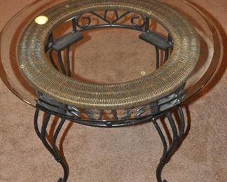 WROUGHT IRON METAL WICKER WRAPPED ACCENT TABLE WITH BEVELED GLASS TOP, 26" ROUND BY 21"H.  WE HAVE TWO AVAILABLE.  OUR PRICE IS $90.00 EACH.