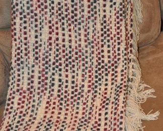 IVORY, GREY AND BURGUNDY THROW BY THRESHOLD, 50"W X 60"H WITH FRINGE. OUR PRICE IS $20.00.