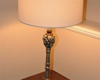 ANTIQUE PEWTER AND BROWN METAL TABLE LAMP, 28"H.  SHADE DIAMETER IS 14".  OUR PRICE IS $60.00.