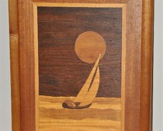 WOODEN INLAY SAILBOAT USING VARIOUS WOODS, 10" X  13".  OUR PRICE $40