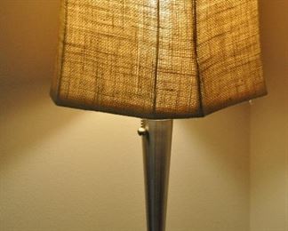 PETITE BRUSHED SILVER TABLE LAMP WITH A BURLAP LINED SHADE.  OUR PRICE IS $45.00.