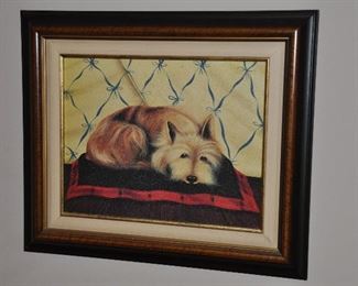 VINTAGE FRAMED AND MATTED OIL ON CANVAS RESTING DOG. 25.5" X 21.5".  OUR PRICE IS $65.00.