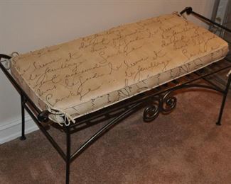 BLACK METAL SCROLL BENCH WITH THREE INCH THICK CUSHION (AS IS), 44"W X 18"D X 19"H.  OUR PRICE IS $160.00