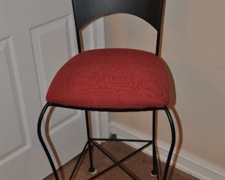 WROUGHT IRON WITH RED UPHOLSTERED SEAT BAR STOOL BY JOHNSTON CASUALS MADE IN THE USA.  OUR PRICE IS $150.00