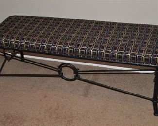 WROUGHT IRON UPHOLSTERED (GEOMETRIC PRINT) BENCH BY JOHNSON CASUAL FURNITURE, 48"W X 16"D X 17.5"H.  OUR PRICE IS $165.00