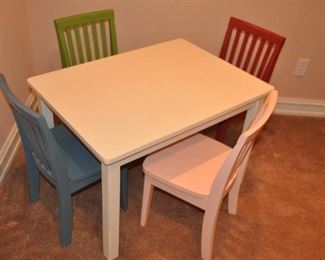 VINTAGE POTTERY BARN TABLE (33" X 34") AND FOUR CHAIR SET.  OUR PRICE IS $175.00.