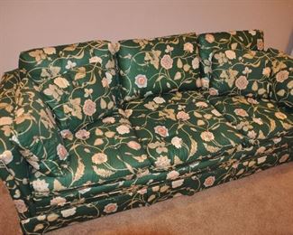 VINTAGE GREEN FLORAL BRUSHED COTTON SOFA, 77"W X 34"D X 23"H.  OUR PRICE IS $350.