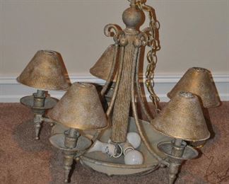 FIVE LIGHT HANGING LIGHT FIXTURE IN A BRONZE TONE. 24"DIA. X 24"H X OUR PRICE IS $75.00.