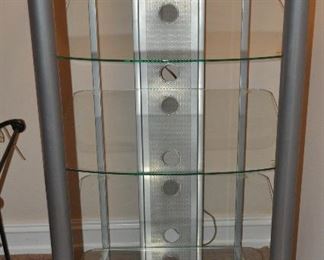 FIVE SHELF MATT SILVER AND GLASS  MEDIA TOWER BY POWELL,  23"W X 22"D X 46"H.  OUR PRICE IS $85.00.