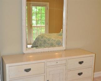 SEVEN DRAWER WHITE WASHED WITH PEWTER TRIM TRIPLE DRESSER BY LEXINGTON FURNITURE, 64"W X 19"D X 30"H.  ATTACHED MIRROR IS INCLUDED, 36" X 43".  OUR PRICE IS $300.00.