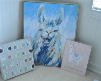 SET OF THREE LLAMA CANVAS ARTWORK, LARGE IS 28" X 28", MEDIUM IS 14" X 14", .  OUR PRICE IS $25.00.