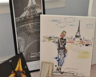 FOUR PIECE PARIS DECOR COLLECTION INCLUDES: NOTECARDS, CLOCK, CANVAS WALL ART AND FRAMED PARIS POSTER.  OUR PRICE IS $55.00.