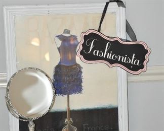 FOUR PIECE FASHIONISTA SET INCLUDES, A DOOR HANGER, A VANITY MIRROR, WALL ART "BAZAAR - PARIS, FRANCE" AND A JEWELRY ORGANIZER. OUR PRICE FOR THE SET IS $45.00.