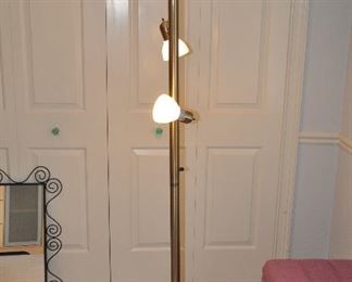 HEAVY THREE LIGHT BRUSHED CHROME FLOOR LAMP, 74".  THE GLASS SHADE ON TOP IS 13.5" DIAMETER.  OUR PRICE IS $85.00.