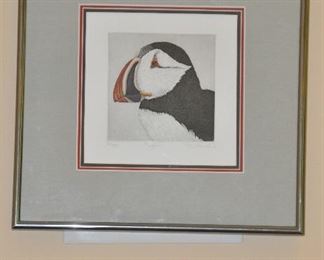 MATTED AND FRAMED LIMITED EDITION WATERCOLOR SIGNED AND NUMBERED "PUFFIN" BY NANCY CHARLES, 16/350.  OUR PRICE IS $75.00.