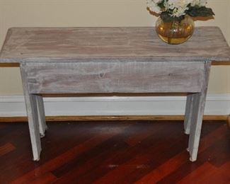 RUSTIC WHITE WASHED BENCH, 34"W X 10.5"D X 20"H.  OUR PRICE IS $65.00