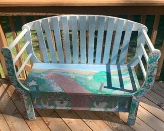 HAND PAINTED WOODEN STORAGE BENCH  (AS IS).  OUR PRICE IS $125.00.