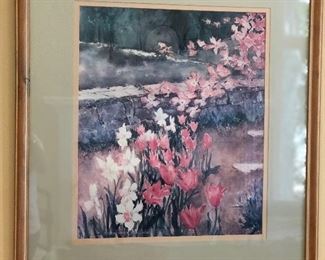 LARGE PINK DOGWOOD FLORAL PRINT, DOUBLE MATTED IN A WOODEN FRAME BY MH. HURLIMAN ARMSTRONG. 32.5" X 36". OUR PRICE $48.00