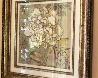 PETITE DOUBLE MATTED AND ANTIQUE GOLD FRAMED FLORAL PRINT, 18.5" SQUARE. OUR PRICE $25.00