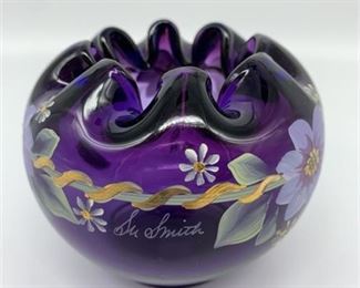 Lot 020
Fenton - signed royal purple crimped rose bowl hand painted flowers