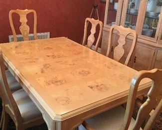 Rare, rare find- beautiful olive wood table, hutch, and buffet. Heritage, Corinthian, by Drexel. The curve of these chairs is amazingly comfortable on your back and great for your posture. In all our years of estate sales, we have never seen such a beautiful, comfortable, quality set. 