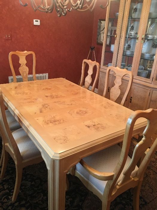 Rare, rare find- beautiful olive wood table, hutch, and buffet. Heritage, Corinthian, by Drexel. The curve of these chairs is amazingly comfortable on your back and great for your posture. In all our years of estate sales, we have never seen such a beautiful, comfortable, quality set. 
