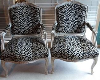 Pair of White Wood and Leopard Upholstered Sitting Chairs