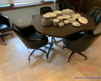 Dated Chromcraft Patterned Dinette Kitchen Set with Leaf and 6 Swivel Barrel Chairs