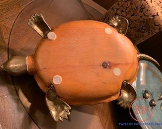 Vintage SARREID LTD, Hand Carved Italian Wood Turtle with Brass Feet, Head and Tail