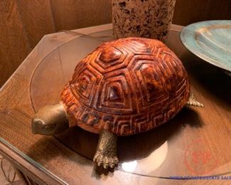 Vintage SARREID LTD, Hand Carved Italian Wood Turtle with Brass Feet, Head and Tail