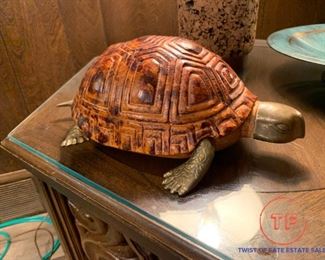 Vintage SARREID LTD, Hand Carved Italian Wood Turtle with Brass Feet, Head and Tail