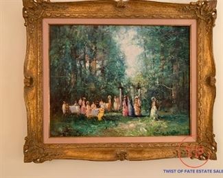 Framed Oil on Canvas - Garden Picnic Scene by WILLI BAUER
