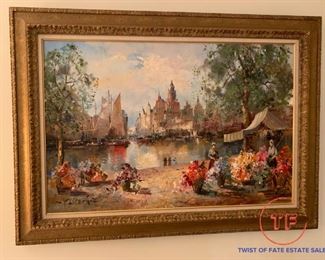 Framed Oil on Canvas - Dutch Flower Market Scene by OLTMAN