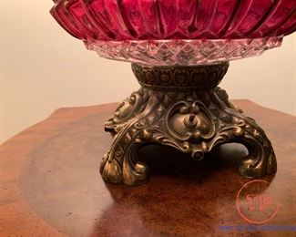 Vintage Ruby Red Crystal Lamp with Lusters and Brass Toned Footed Base