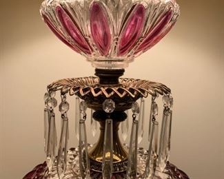 Vintage Ruby Red Crystal Lamp with Lusters and Brass Toned Footed Base