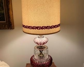 Vintage Ruby Red Crystal Lamp with Lusters and Brass Toned Footed Base