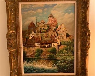Unsigned Original European Framed Oil on Canvas - Castle View Over Falls