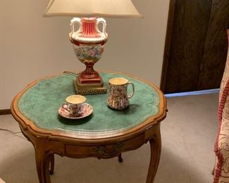Green Leather Inlay Side / Lamp Table with Drawer