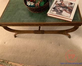Green Leather Inlay X Base Coffee Table